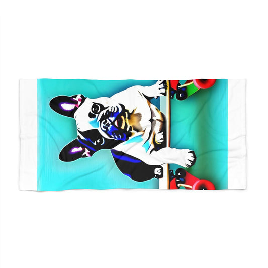 Frenchie on a Skateboard Beach Towel