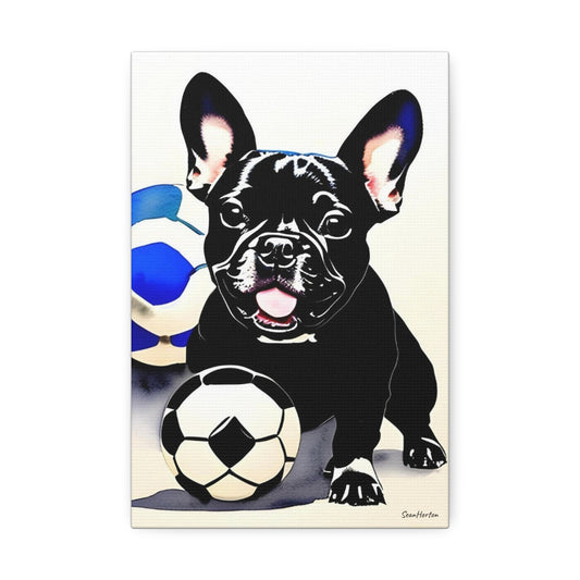 Frenchie with a Soccer Ball (Verticle) Canvas Stretched, 1.5''