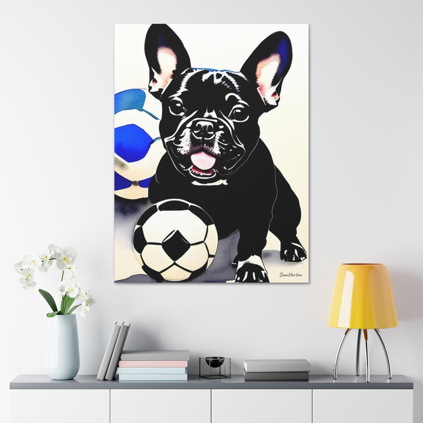 Frenchie with a Soccer Ball (Verticle) Canvas Stretched, 1.5''