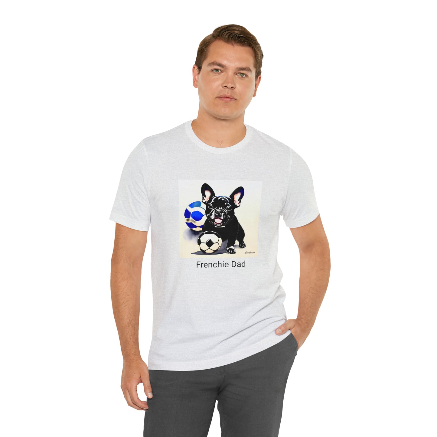 Frenchie with Soccer Ball/Frenchie Dad Unisex Jersey Short Sleeve Tee