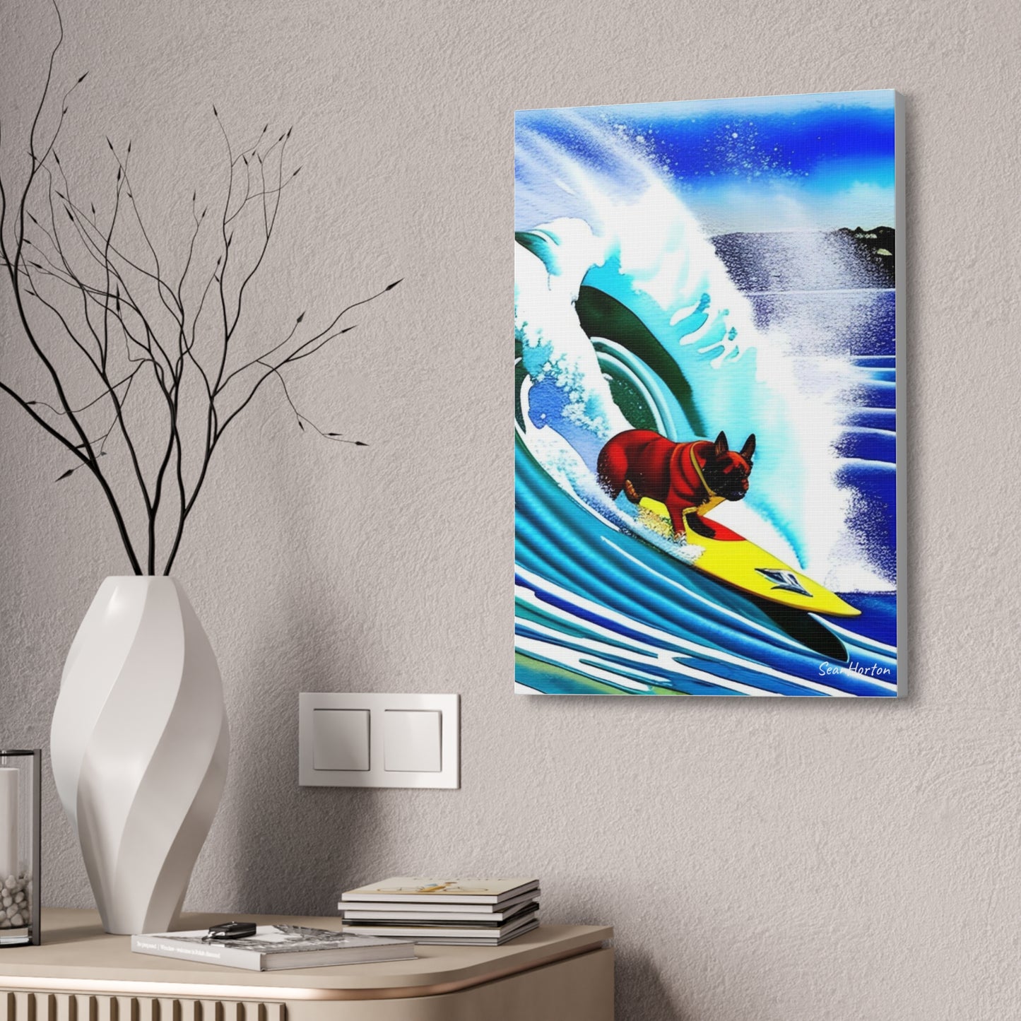 Surfing Frenchie (Verticle) Canvas Stretched, 1.5''