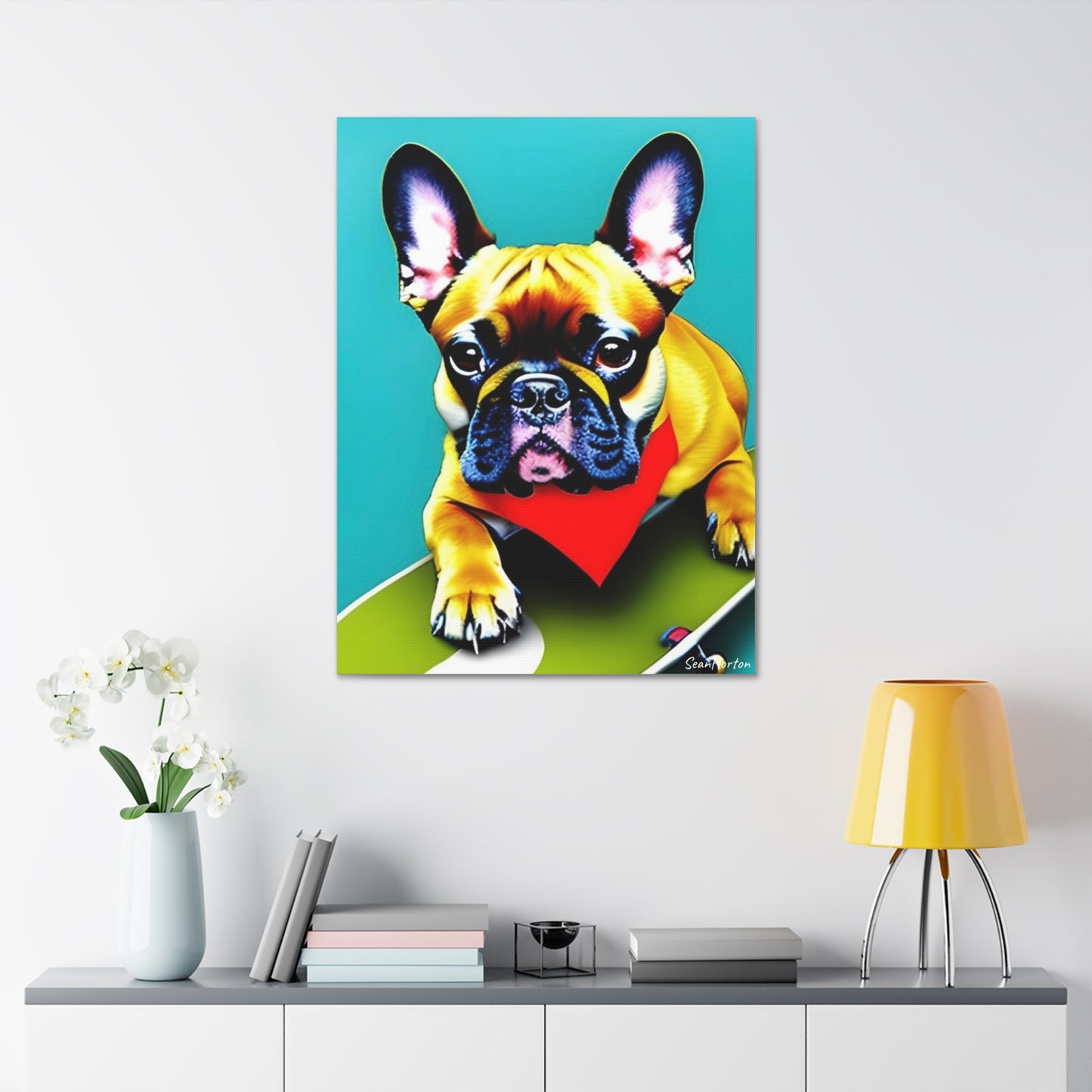 Frenchie on a Skateboard #2 (Verticle) Canvas Stretched, 1.5''