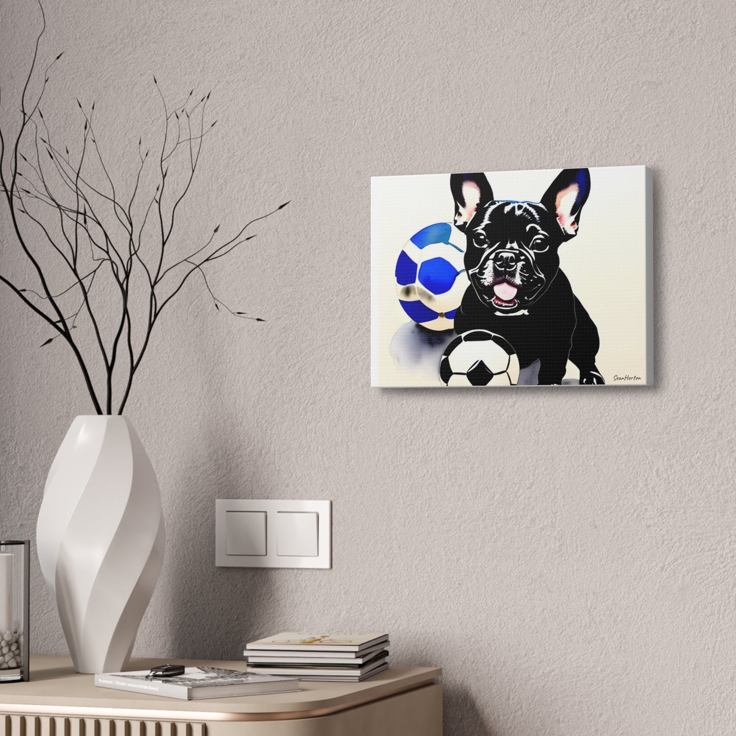Frenchie with a Soccer Ball(Horizontal) Canvas Stretched, 1.5''