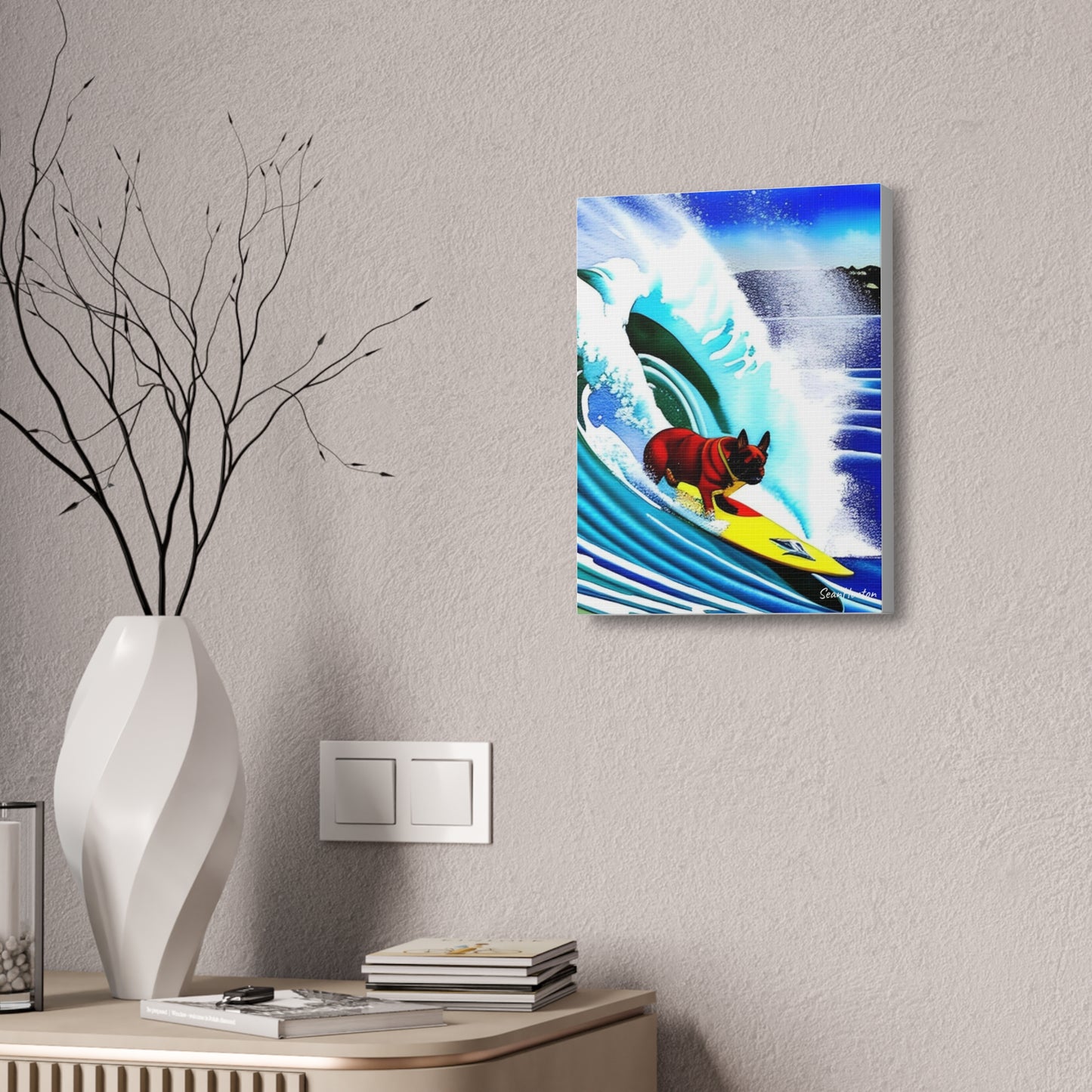 Surfing Frenchie (Verticle) Canvas Stretched, 1.5''