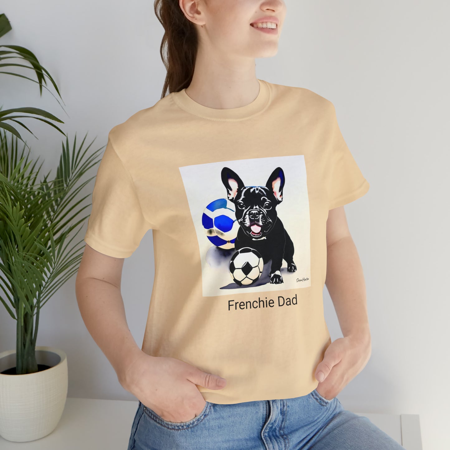 Frenchie with Soccer Ball/Frenchie Dad Unisex Jersey Short Sleeve Tee