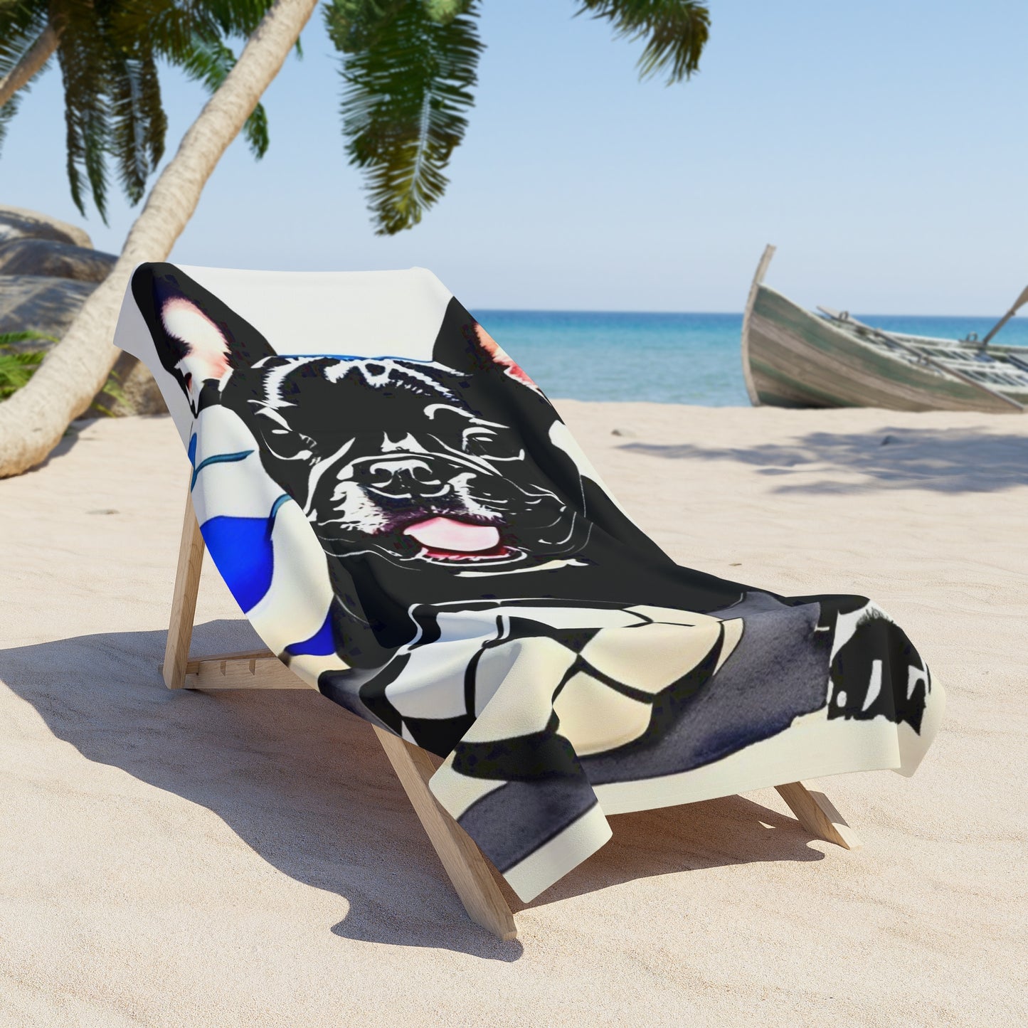 Frenchie with a Soccer Ball Beach Towel