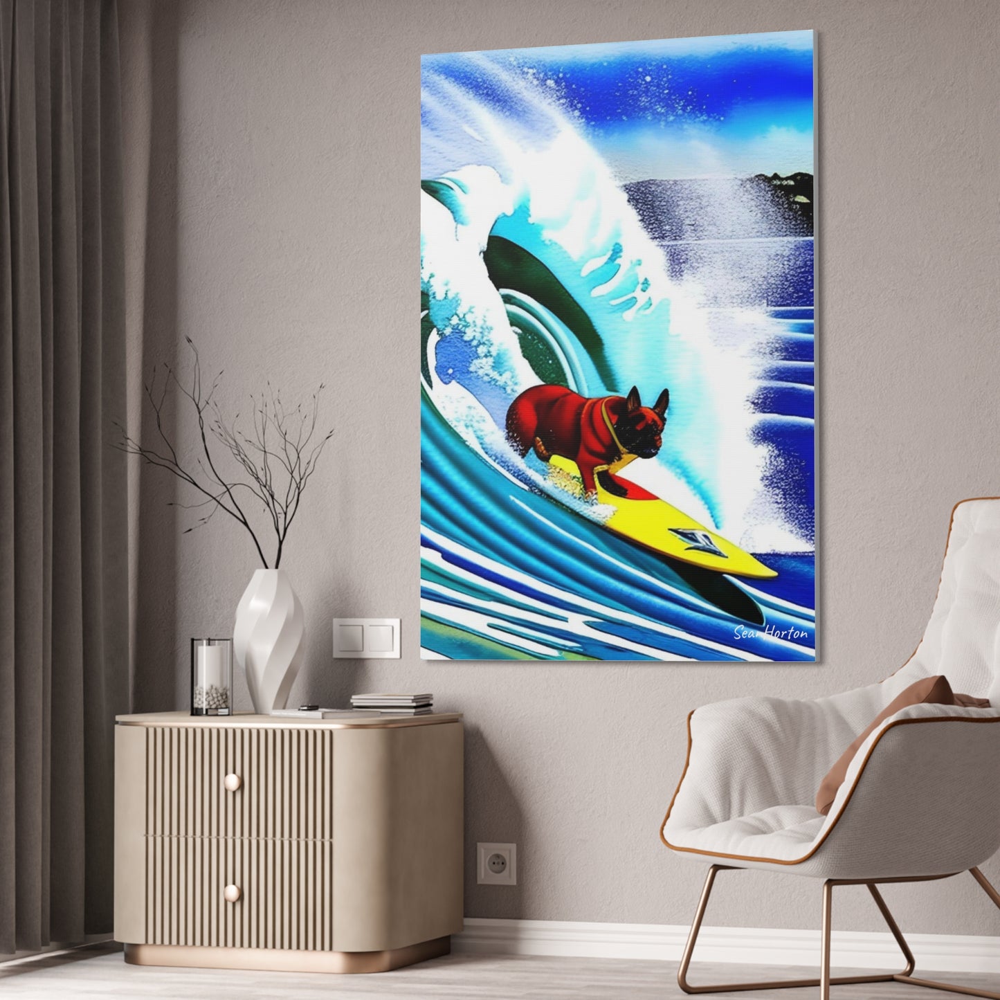 Surfing Frenchie (Verticle) Canvas Stretched, 1.5''
