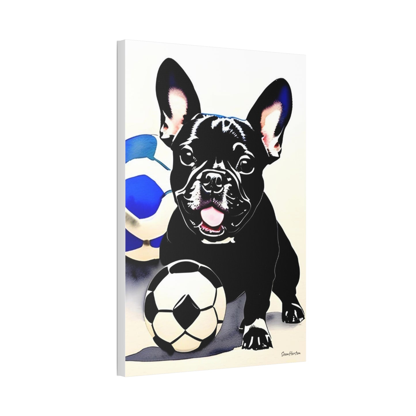 Frenchie with a Soccer Ball (Verticle) Canvas Stretched, 1.5''