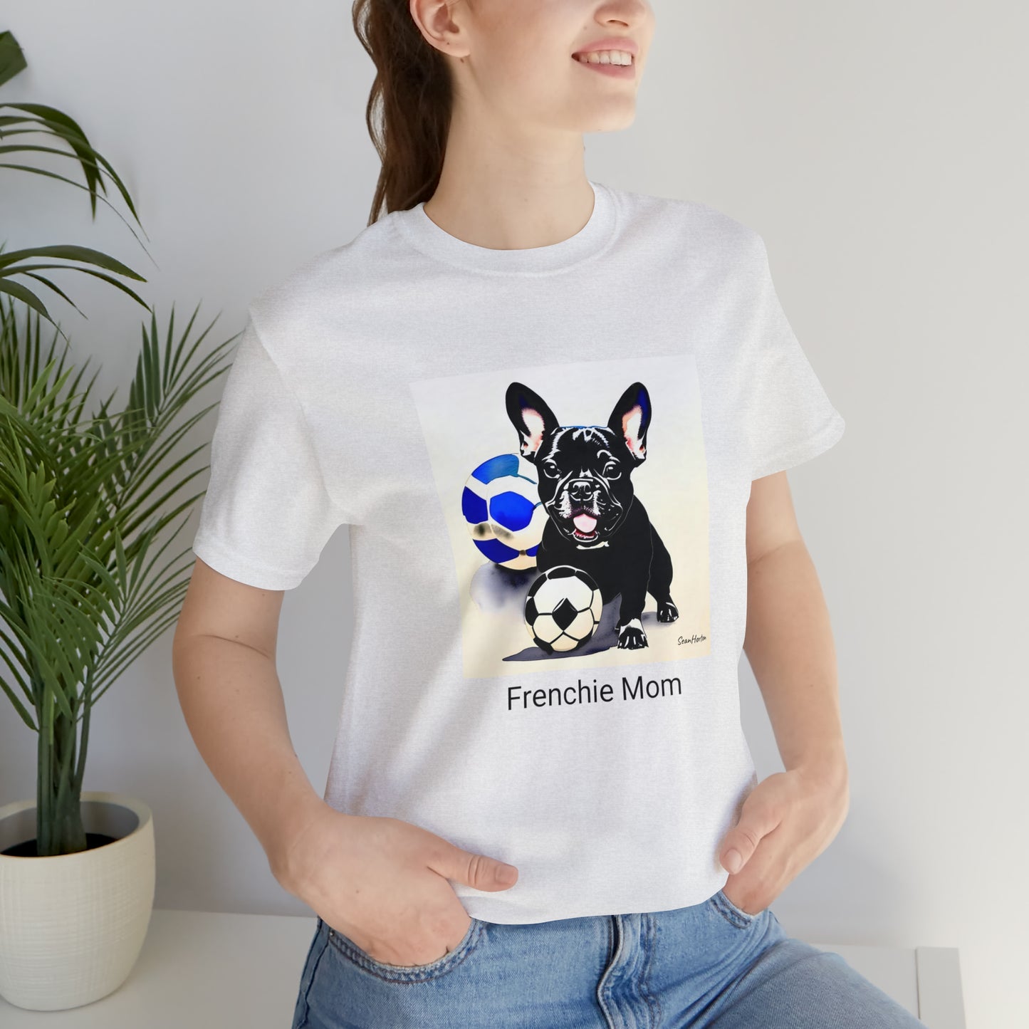 Frenchie with Soccer Ball/Frenchie Mom Unisex Jersey Short Sleeve Tee