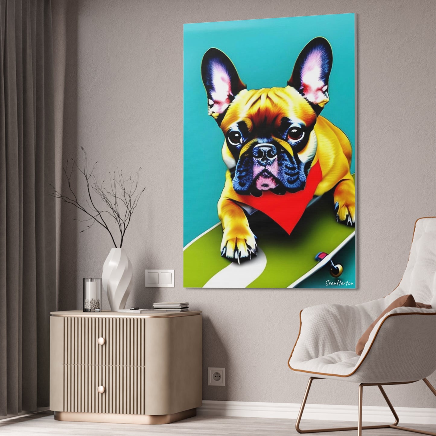 Frenchie on a Skateboard #2 (Verticle) Canvas Stretched, 1.5''
