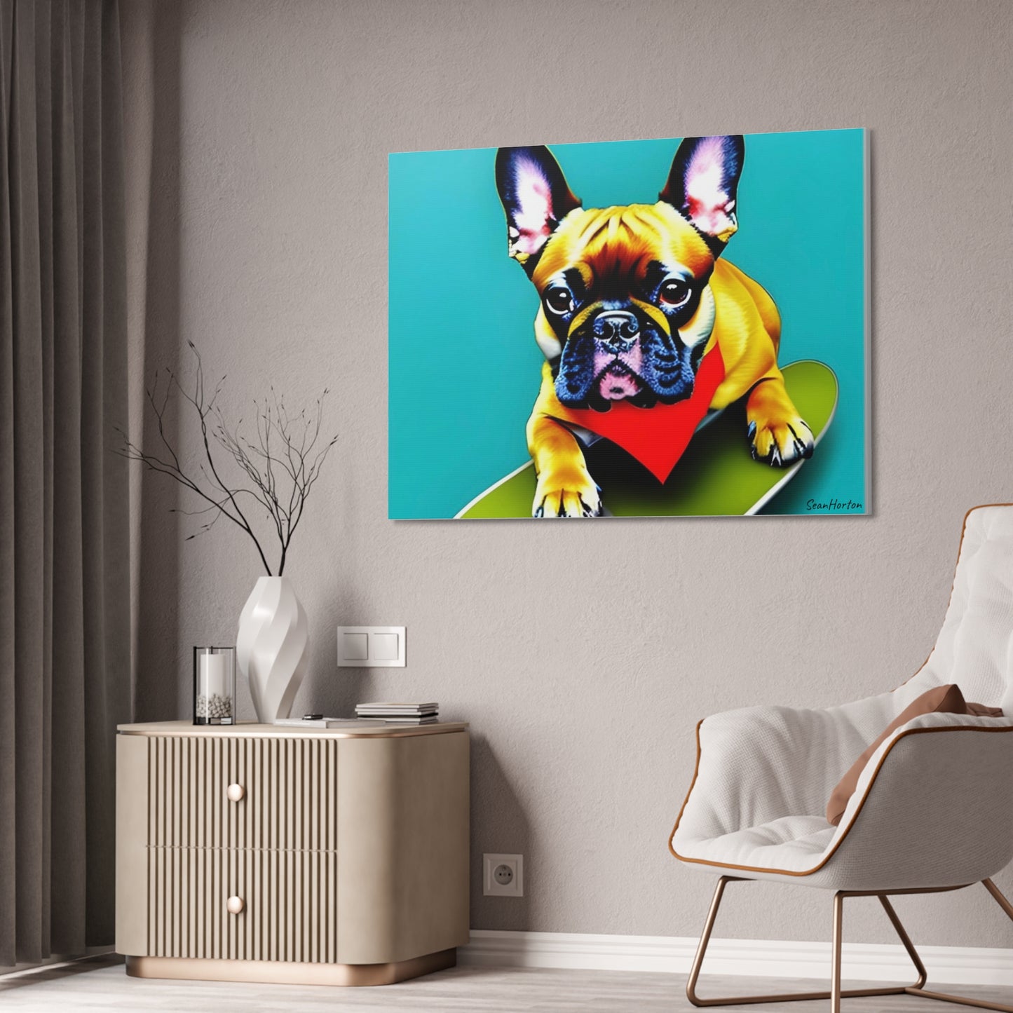 Frenchie on a Skateboard #2 (Horizontal) Canvas Stretched, 1.5''