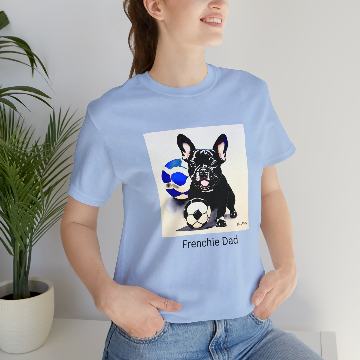 Frenchie with Soccer Ball/Frenchie Dad Unisex Jersey Short Sleeve Tee
