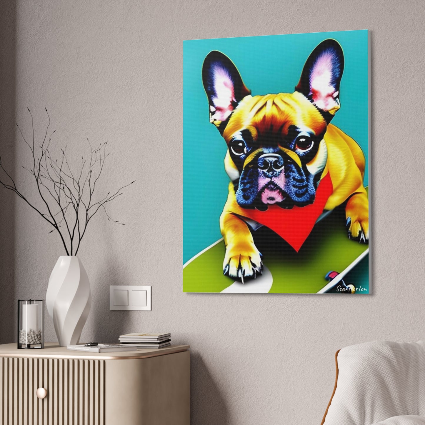 Frenchie on a Skateboard #2 (Verticle) Canvas Stretched, 1.5''