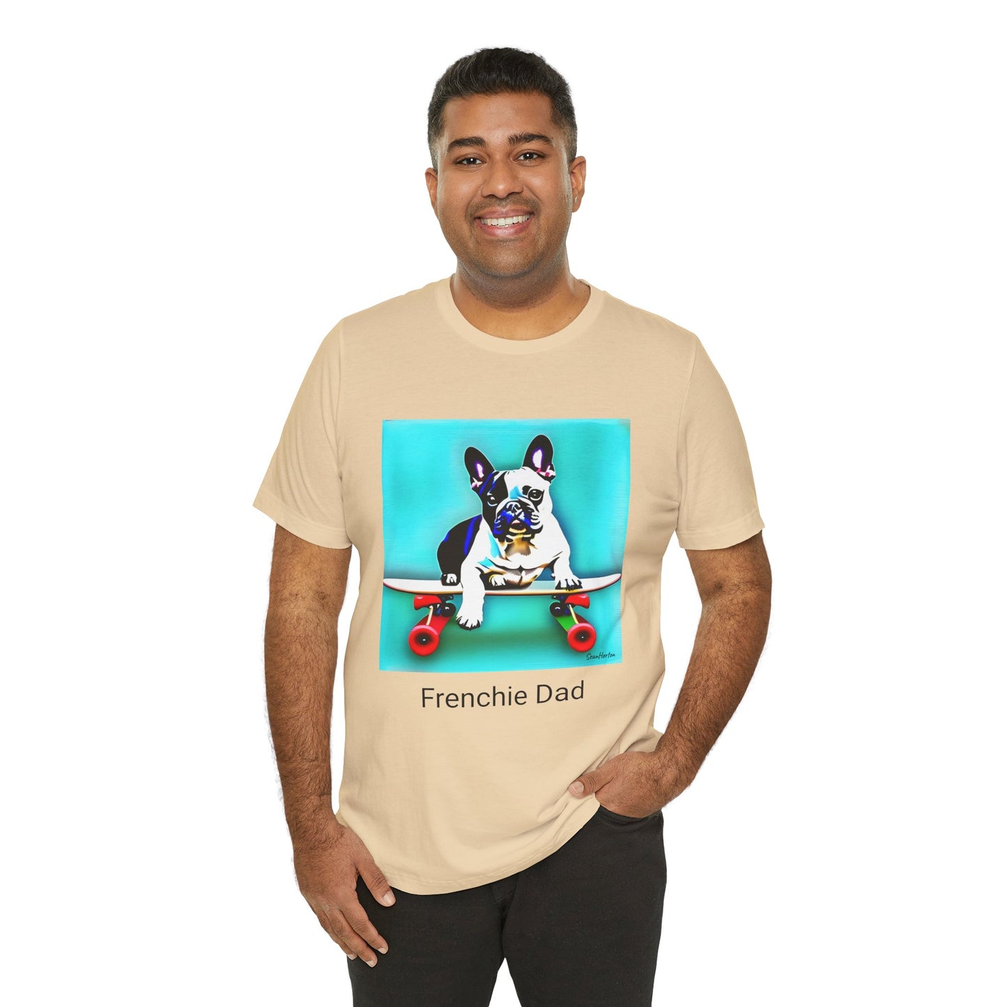 Frenchie on a Skateboard/Frenchie Dad Unisex Jersey Short Sleeve Tee