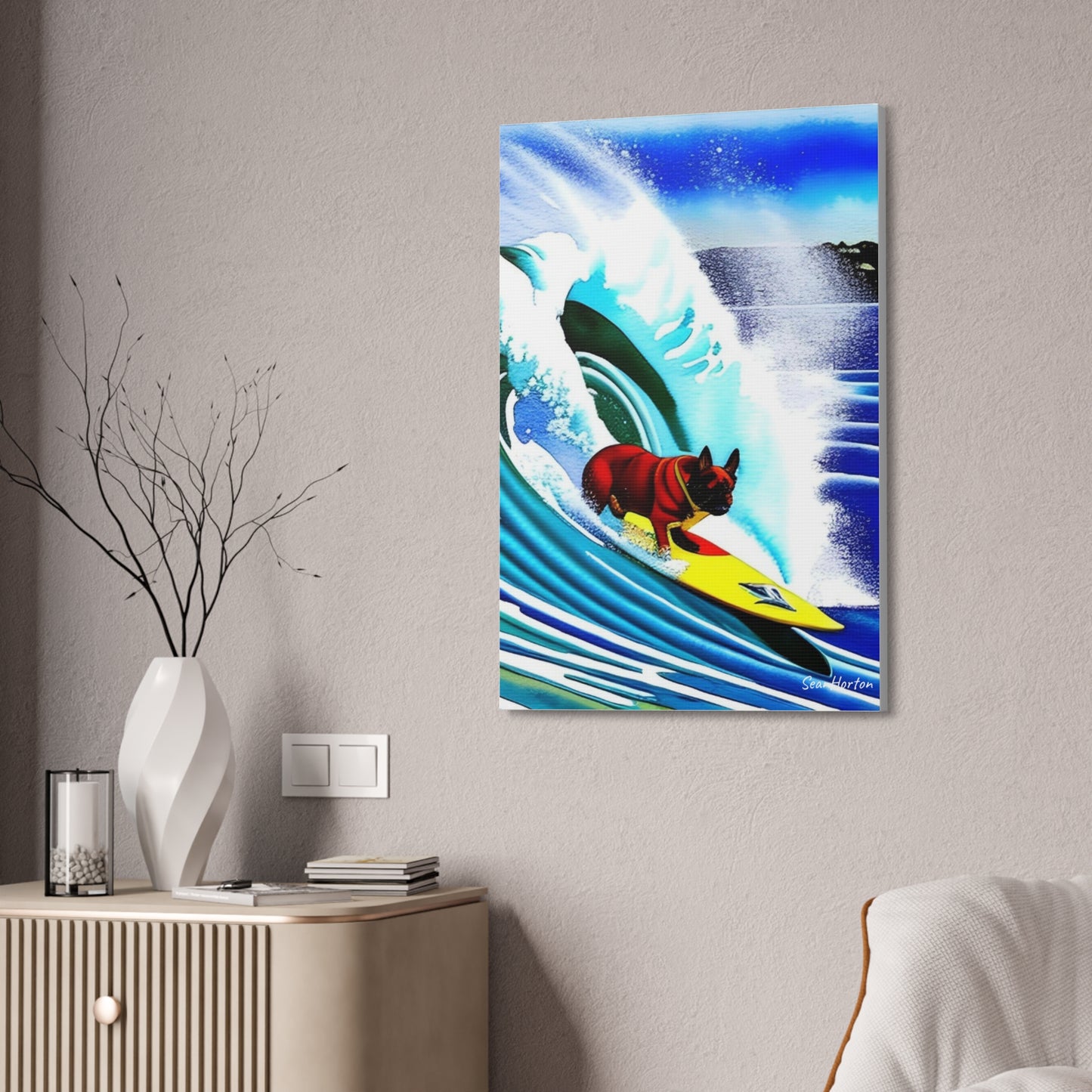 Surfing Frenchie (Verticle) Canvas Stretched, 1.5''