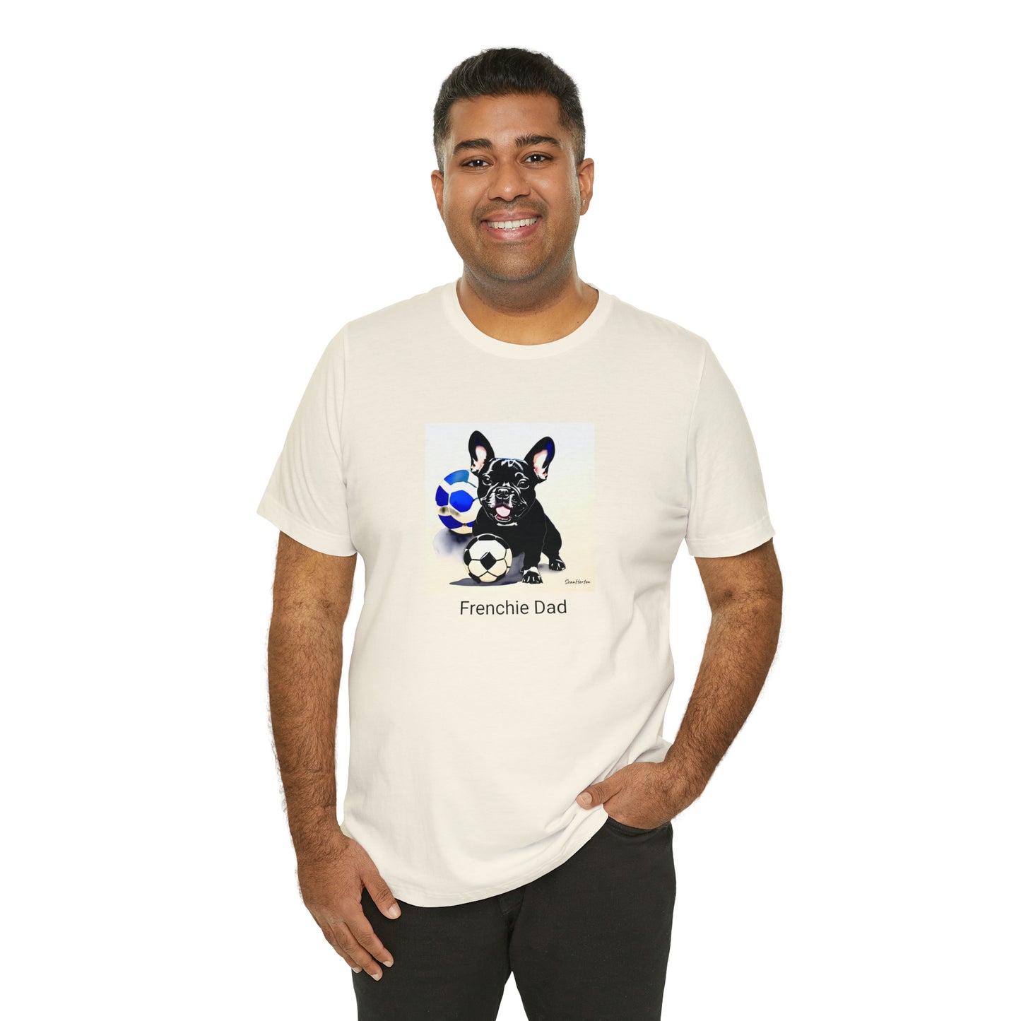 Frenchie with Soccer Ball/Frenchie Dad Unisex Jersey Short Sleeve Tee