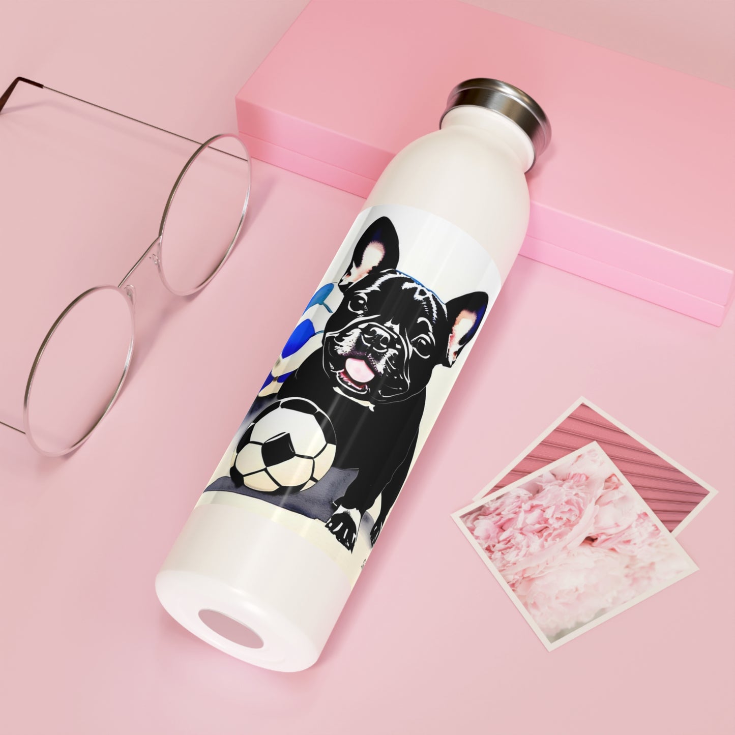 Frenchie with a Soccer Ball Slim Water Bottle
