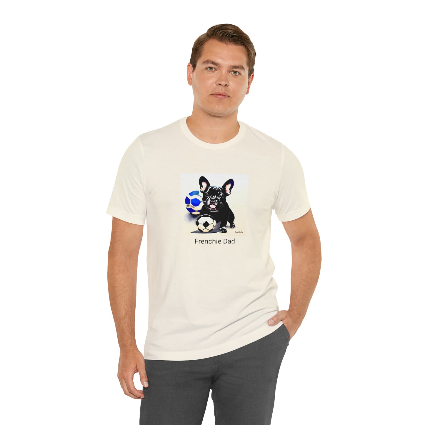 Frenchie with Soccer Ball/Frenchie Dad Unisex Jersey Short Sleeve Tee