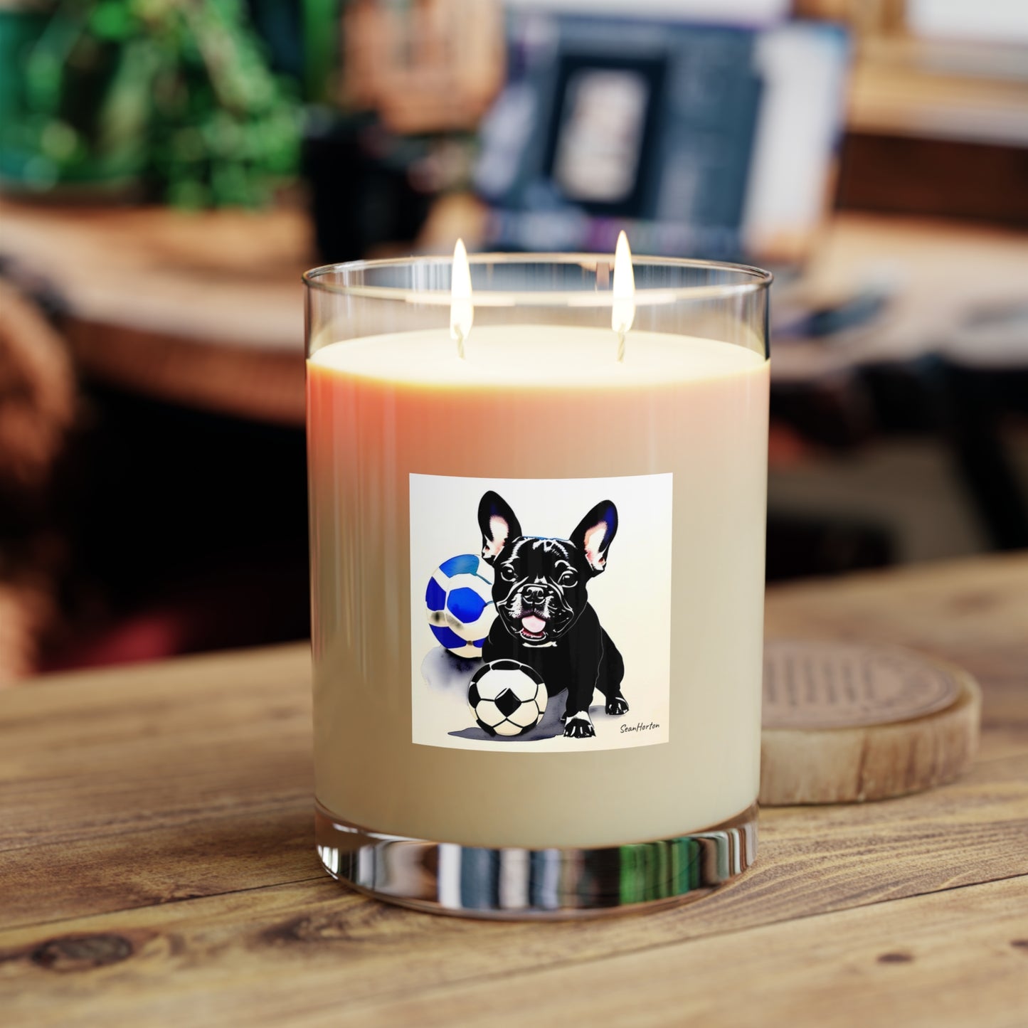 Frenchie with a Soccer Ball Scented Candle - Full Glass, 11oz