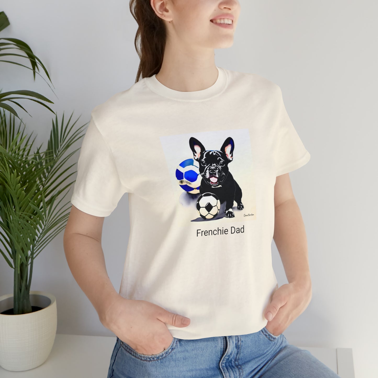 Frenchie with Soccer Ball/Frenchie Dad Unisex Jersey Short Sleeve Tee