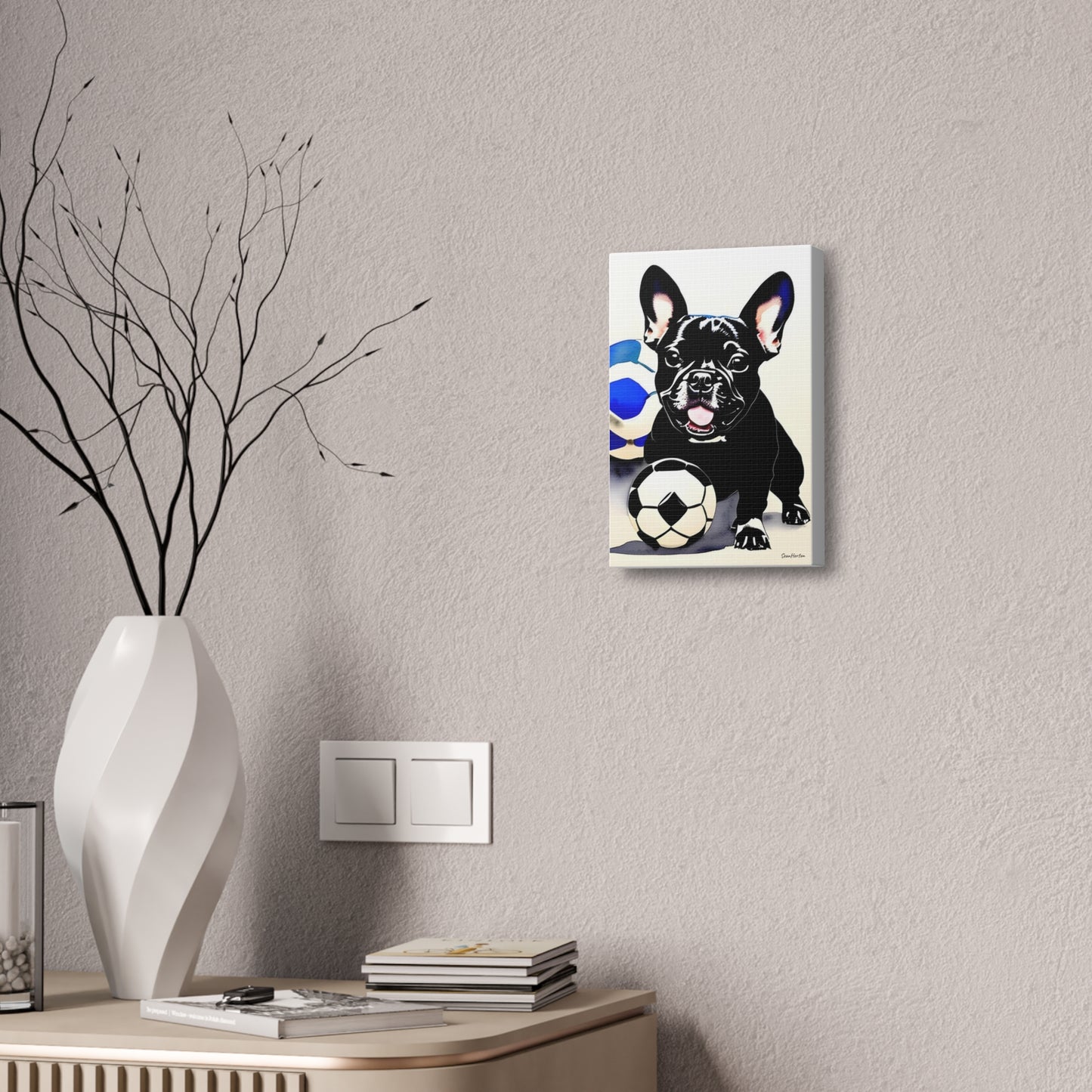 Frenchie with a Soccer Ball (Verticle) Canvas Stretched, 1.5''