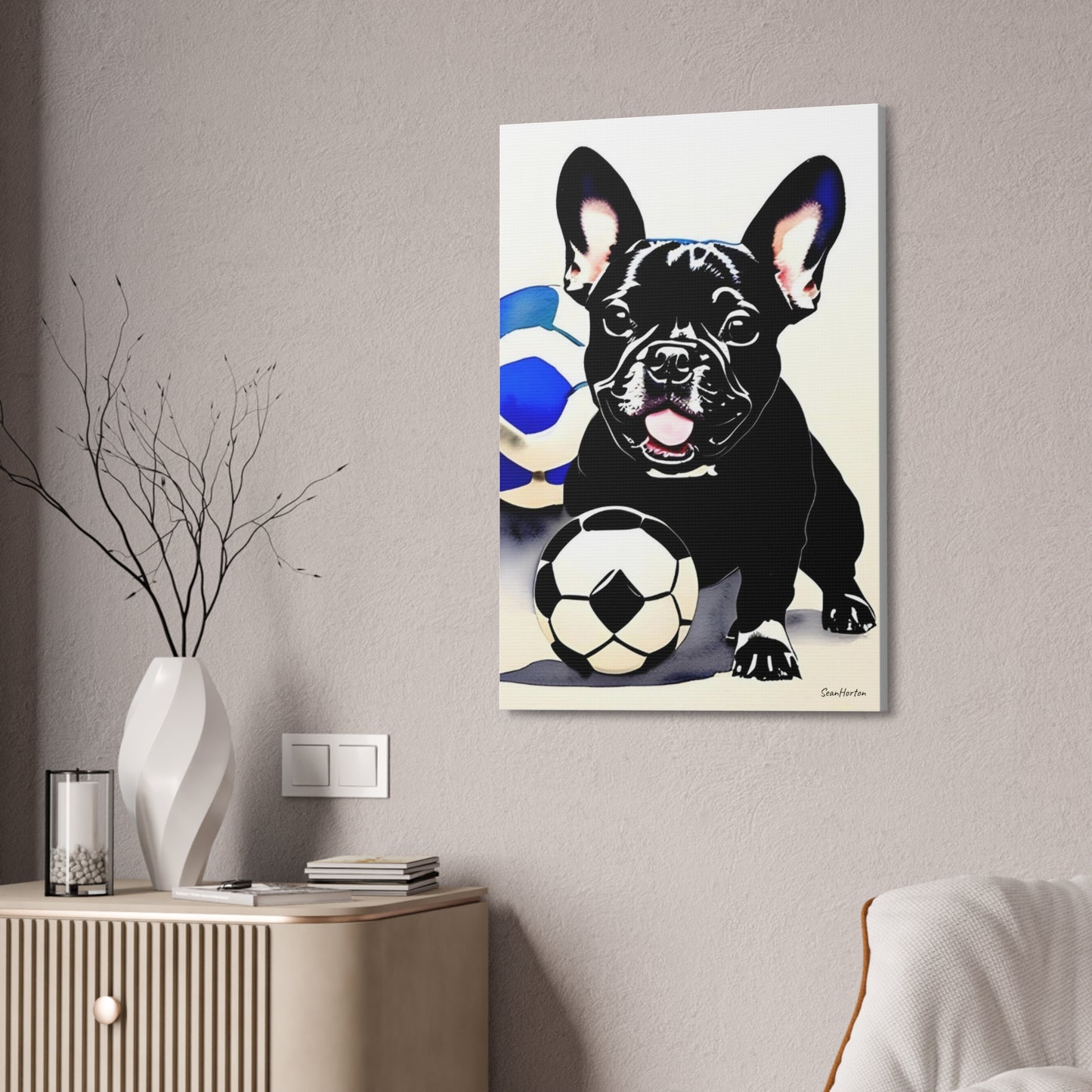 Frenchie with a Soccer Ball (Verticle) Canvas Stretched, 1.5''