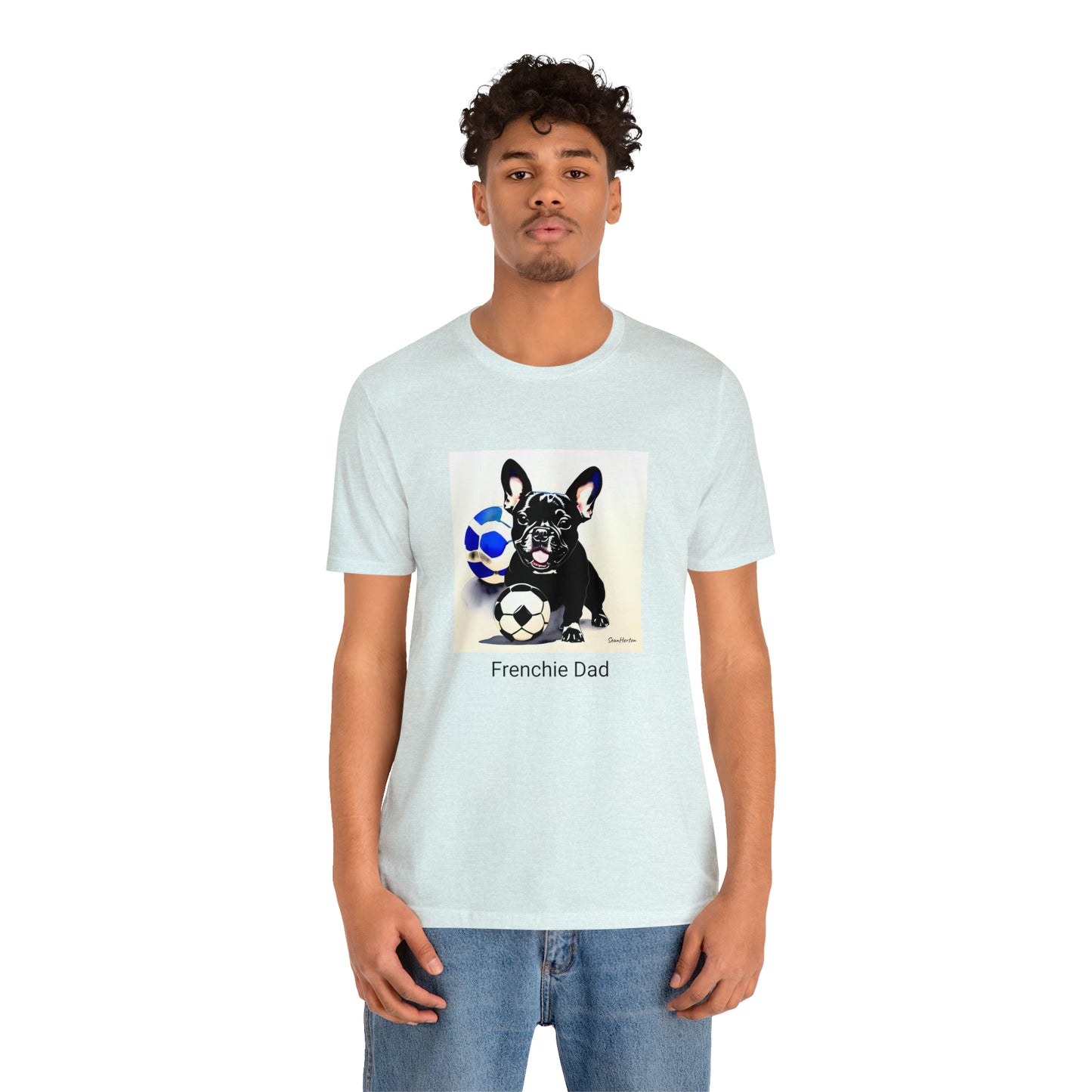 Frenchie with Soccer Ball/Frenchie Dad Unisex Jersey Short Sleeve Tee