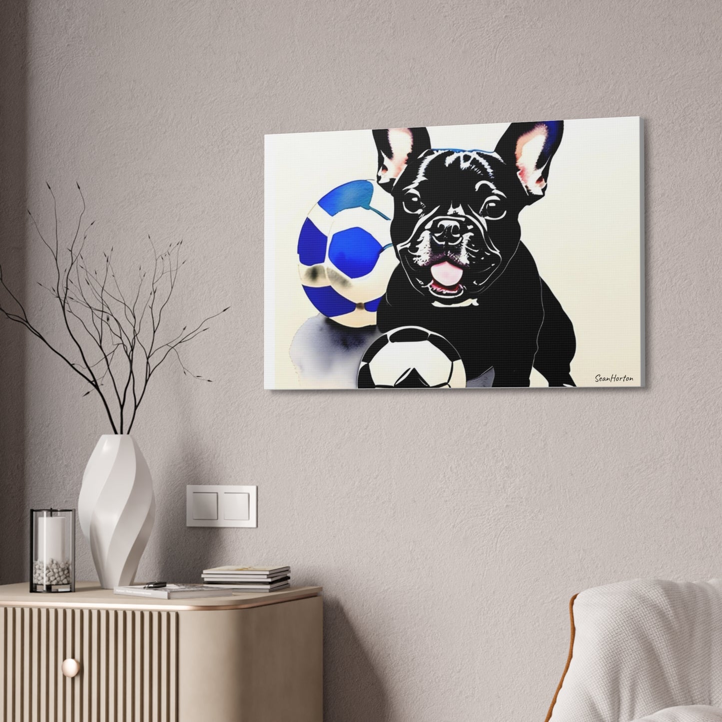 Frenchie with a Soccer Ball(Horizontal) Canvas Stretched, 1.5''