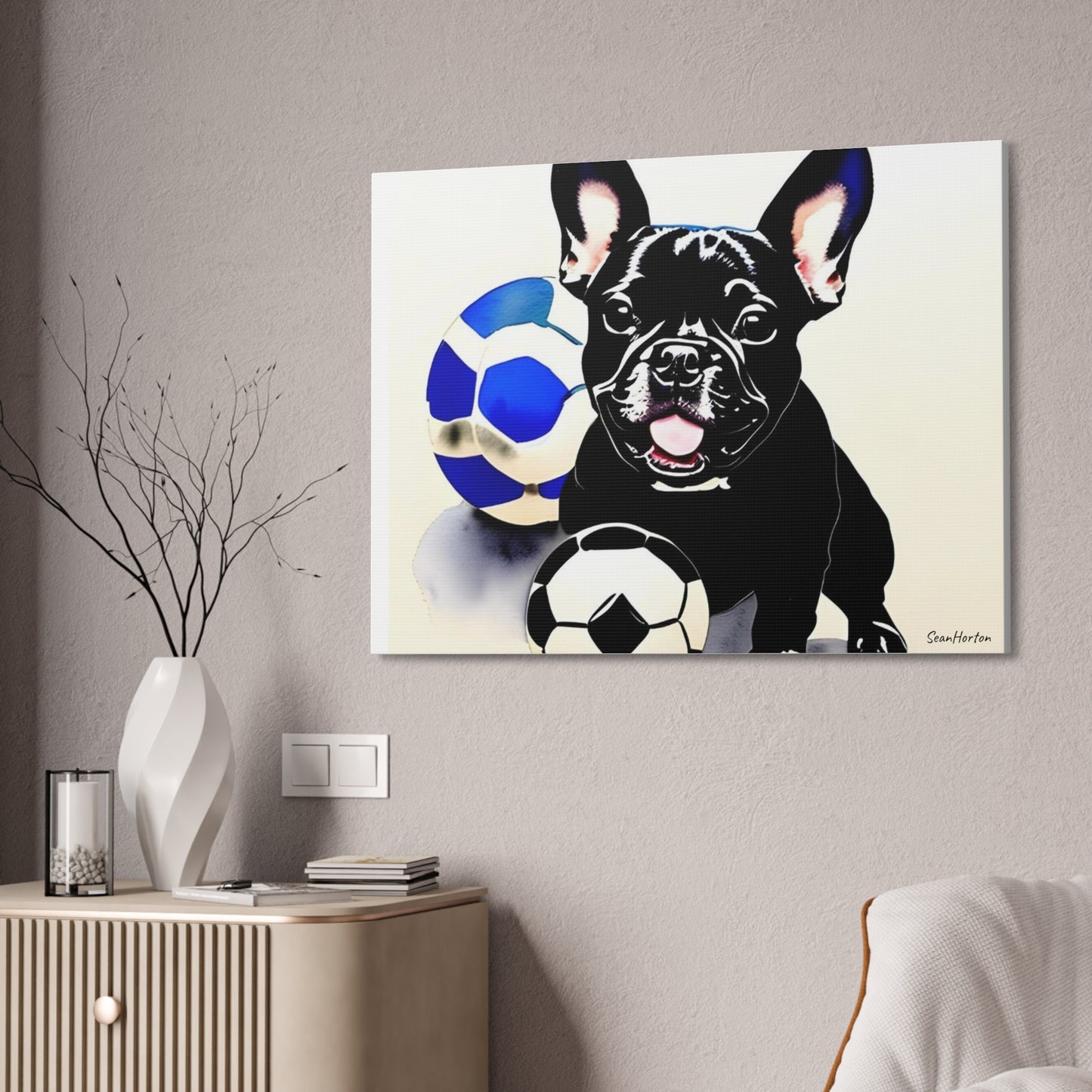 Frenchie with a Soccer Ball(Horizontal) Canvas Stretched, 1.5''