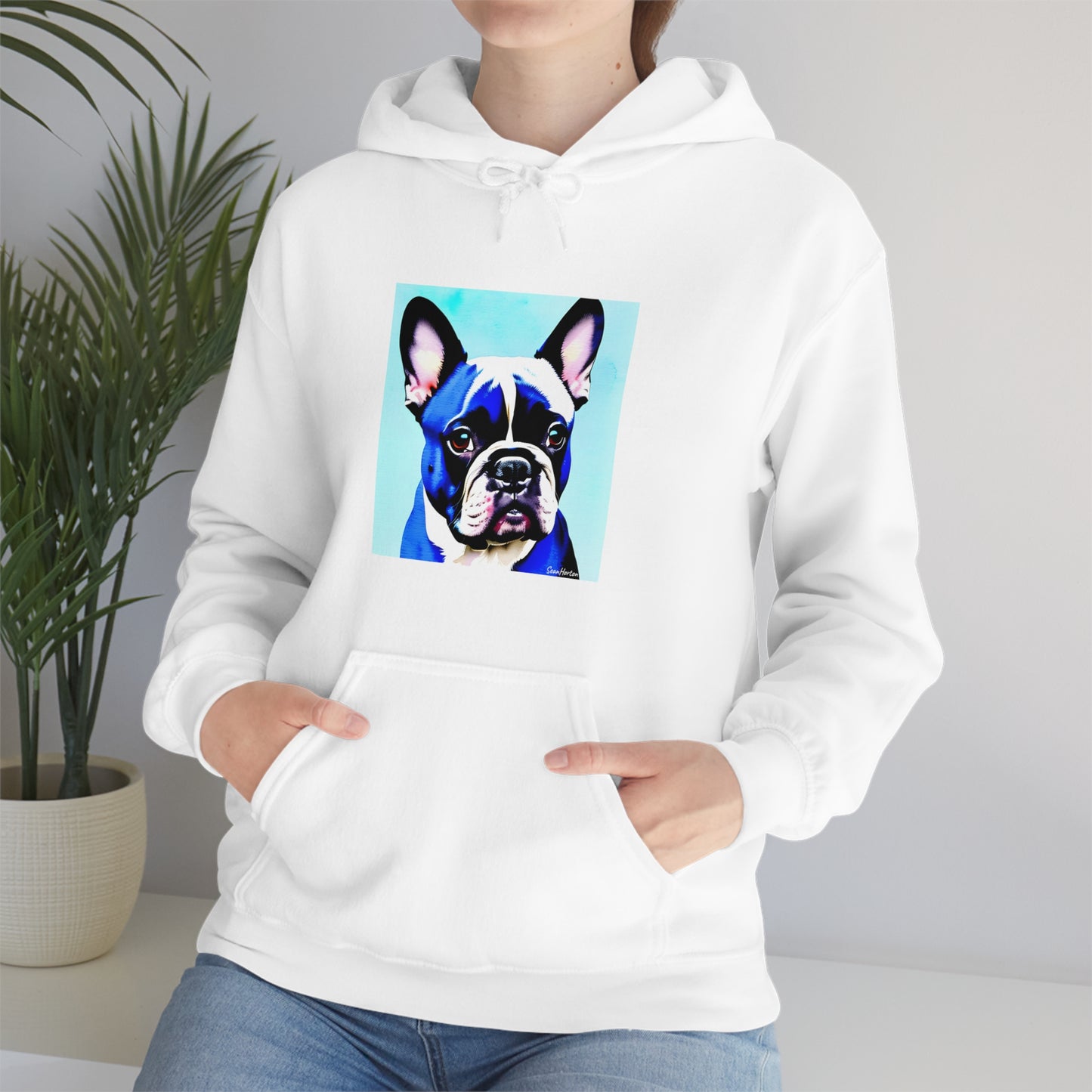 Blue Frenchie/Frenchie Mom on Back Unisex Heavy Blend™ Hooded Sweatshirt