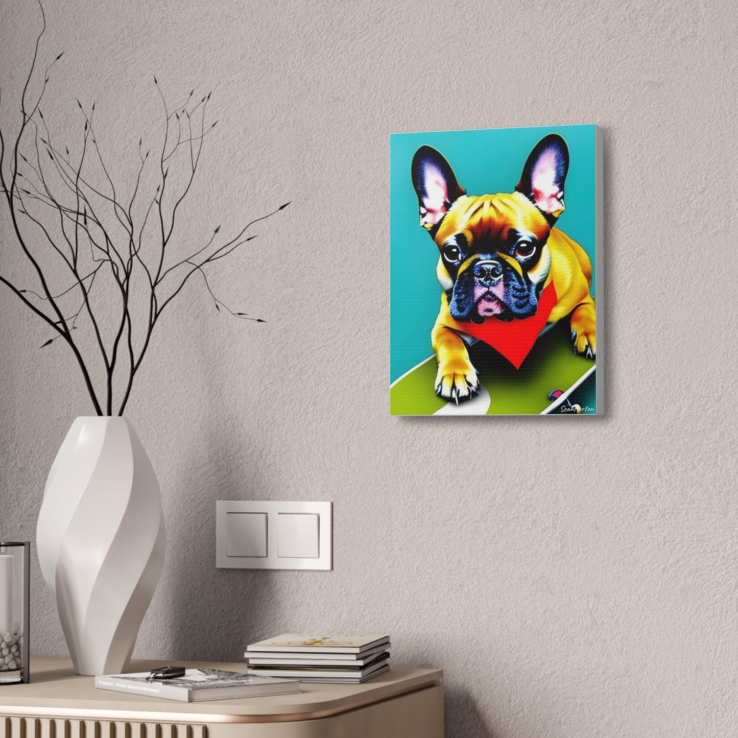 Frenchie on a Skateboard #2 (Verticle) Canvas Stretched, 1.5''