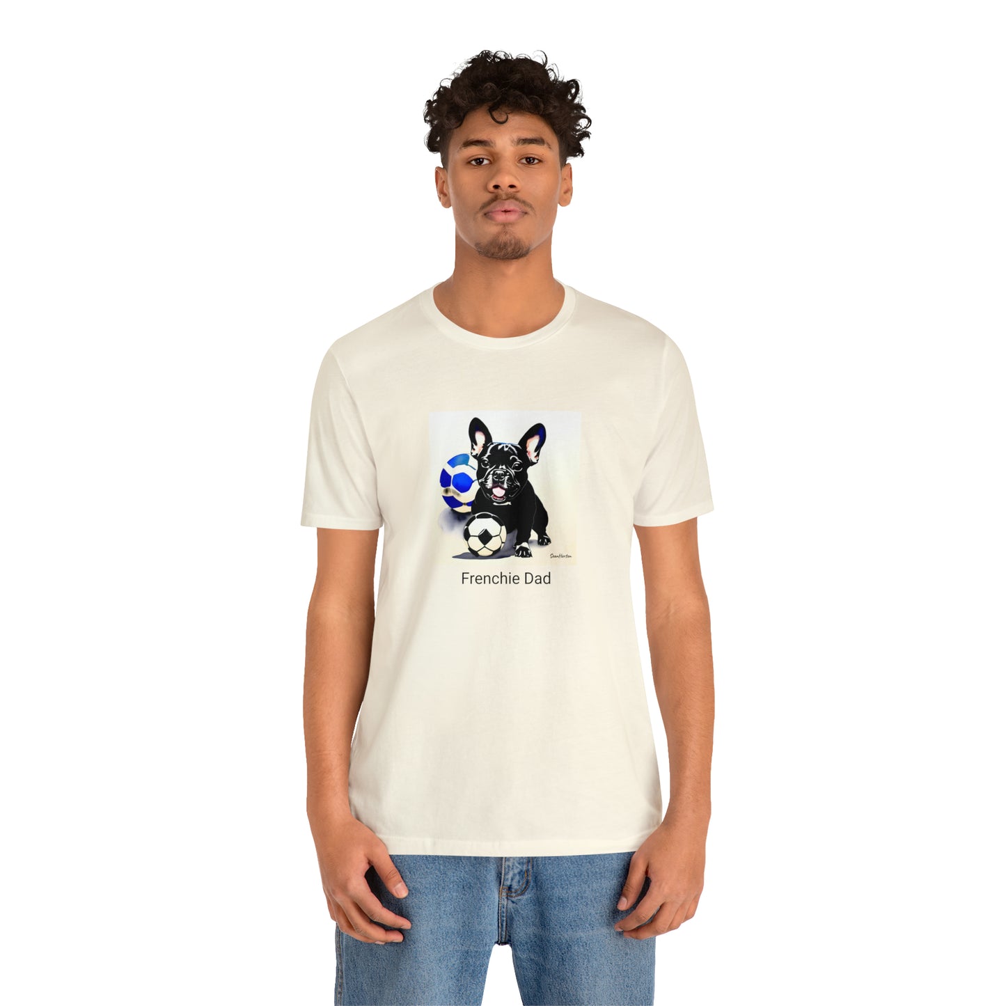 Frenchie with Soccer Ball/Frenchie Dad Unisex Jersey Short Sleeve Tee