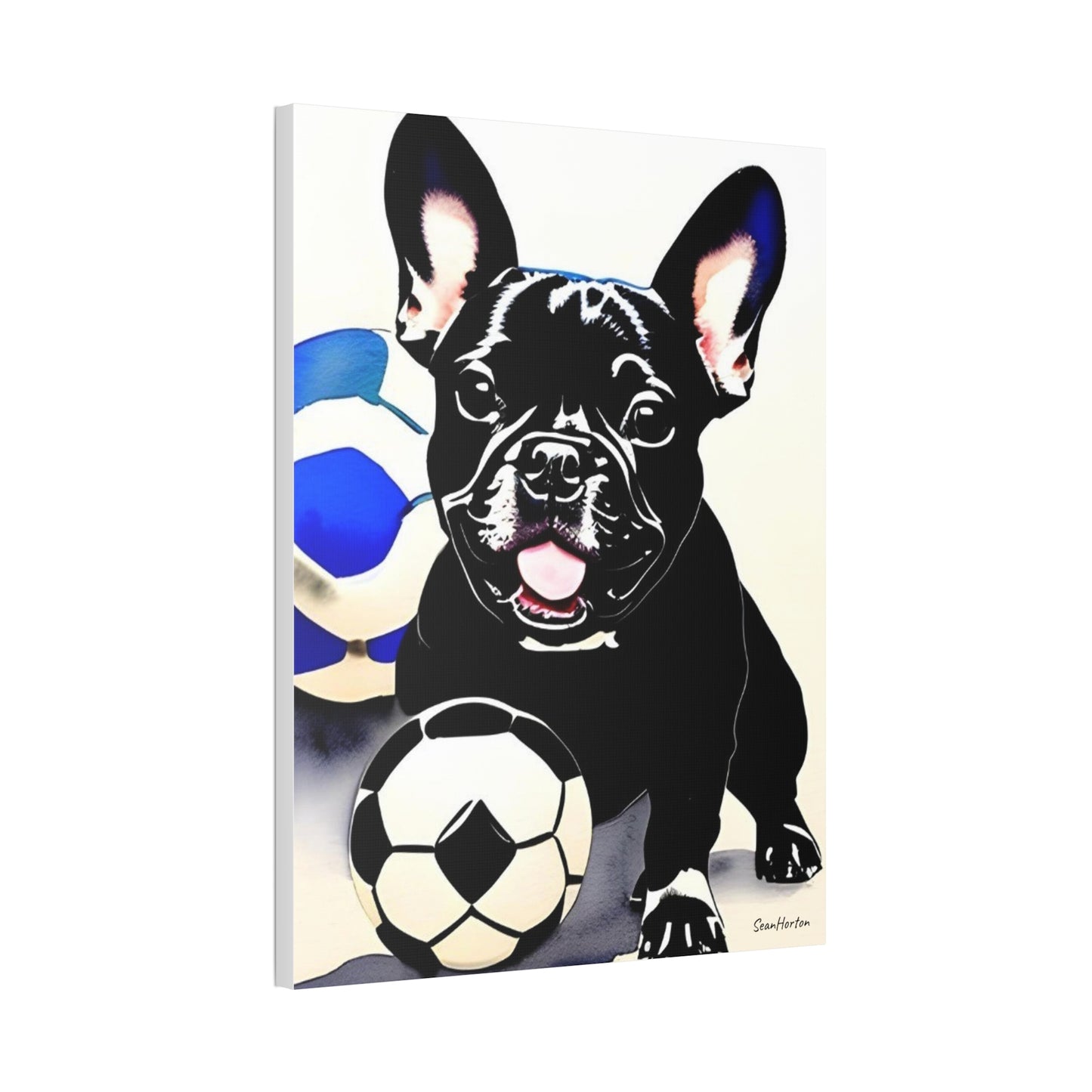 Frenchie with a Soccer Ball (Verticle) Canvas Stretched, 1.5''
