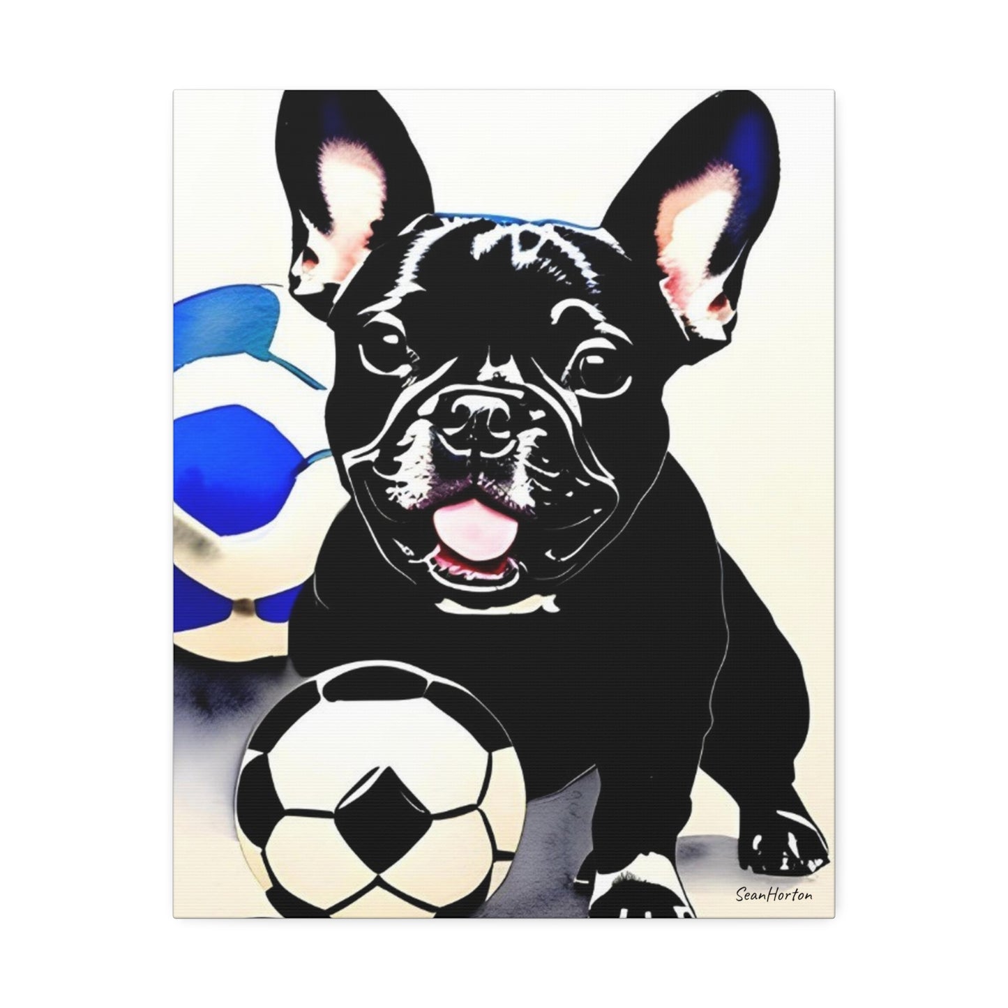 Frenchie with a Soccer Ball (Verticle) Canvas Stretched, 1.5''