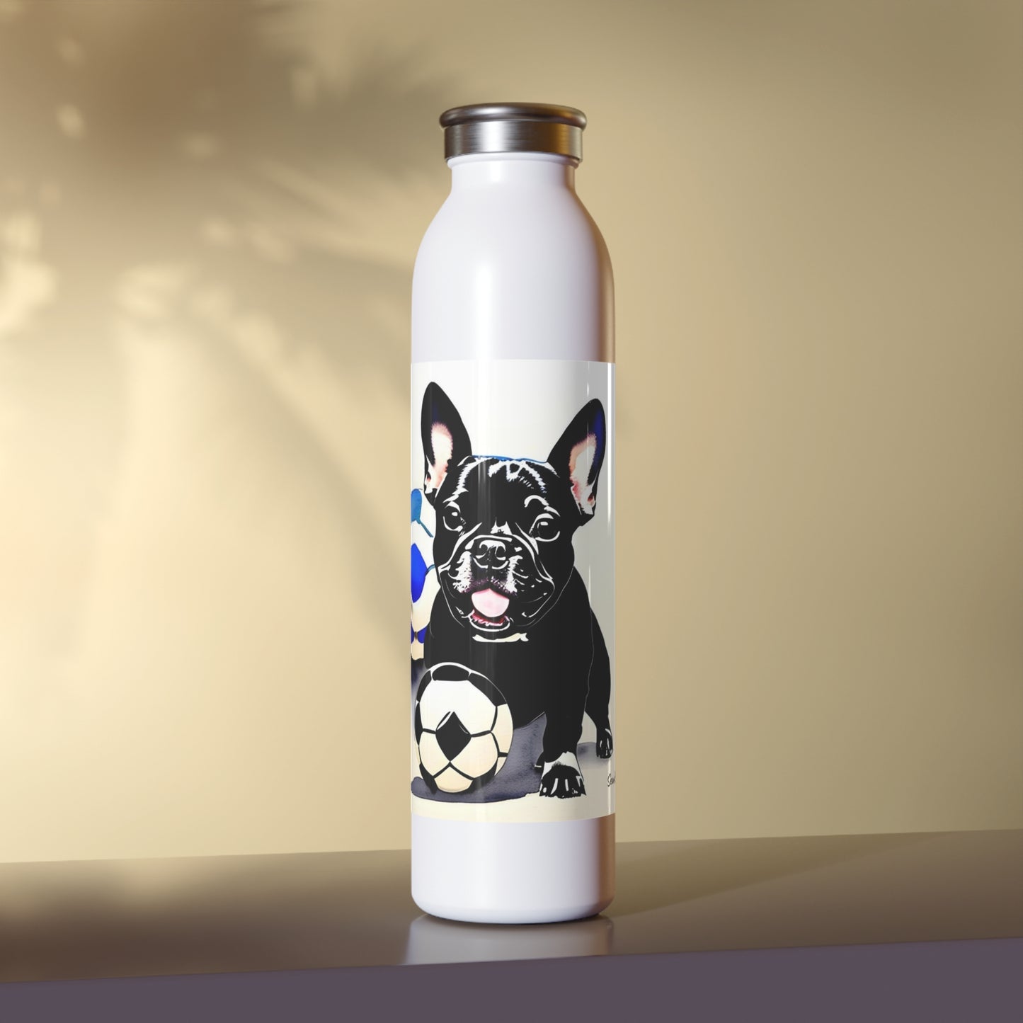 Frenchie with a Soccer Ball Slim Water Bottle