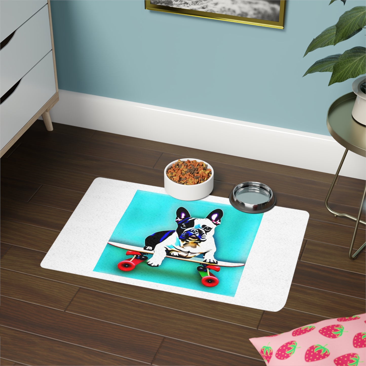 Frenchie on a Skateboard Pet Food Mat (12x18)