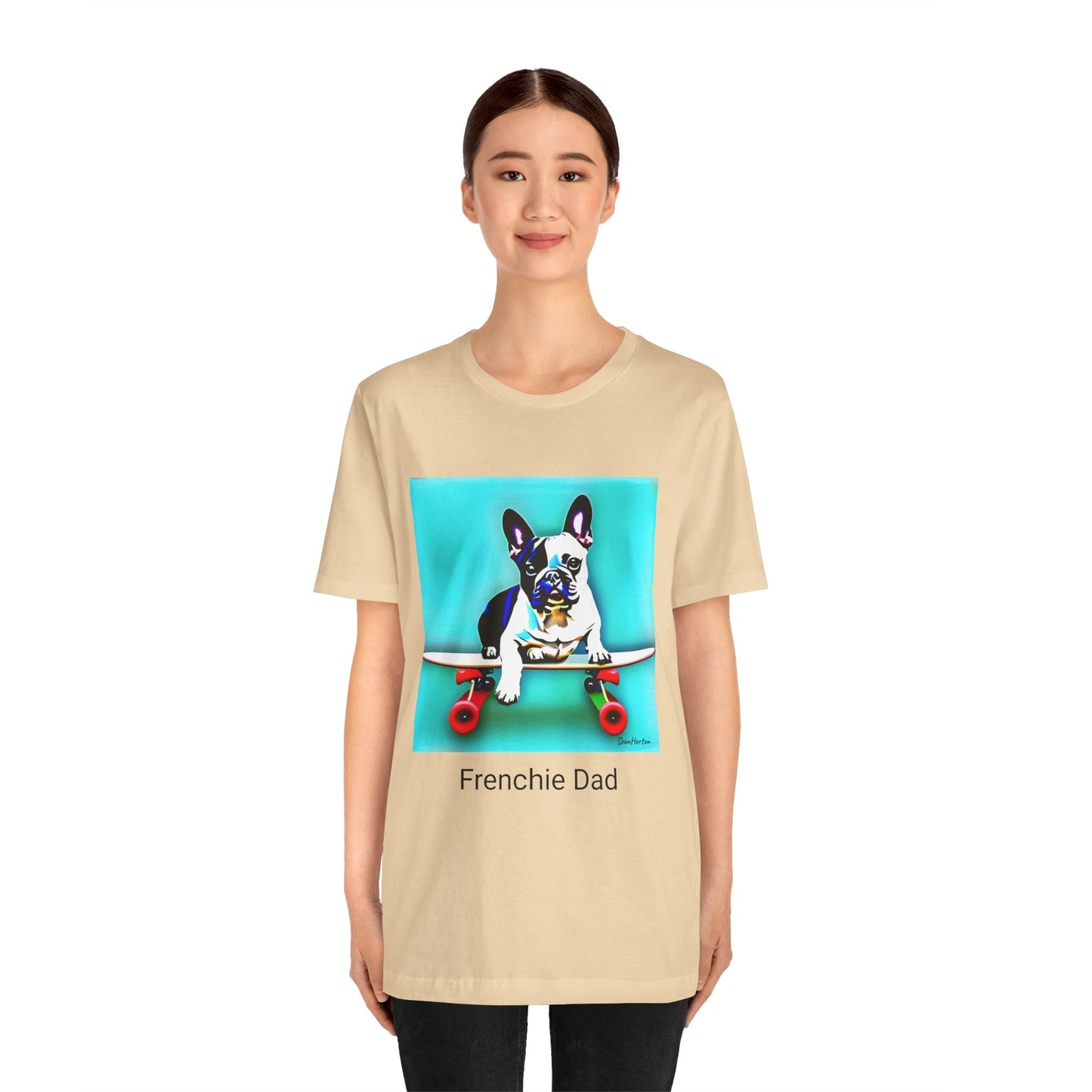 Frenchie on a Skateboard/Frenchie Dad Unisex Jersey Short Sleeve Tee