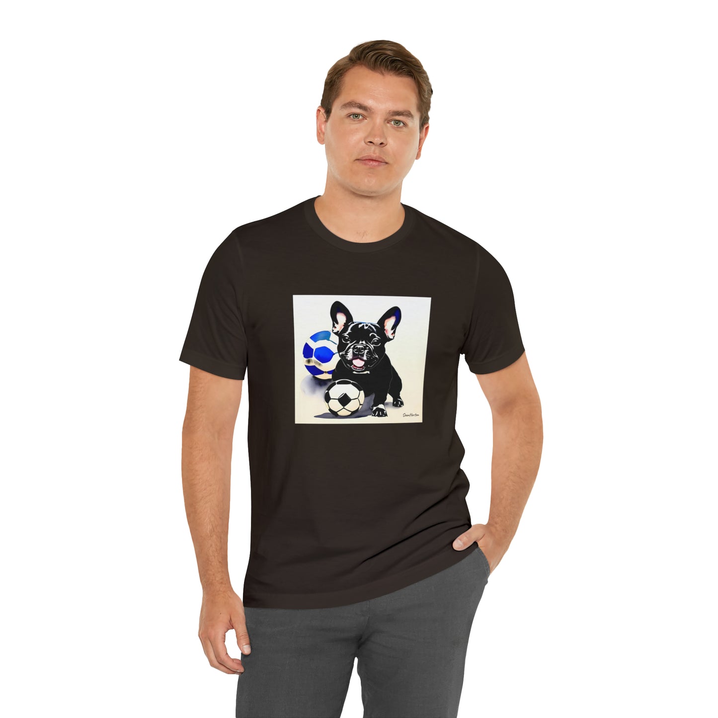 Frenchie with Soccer Ball Unisex Jersey Short Sleeve Tee