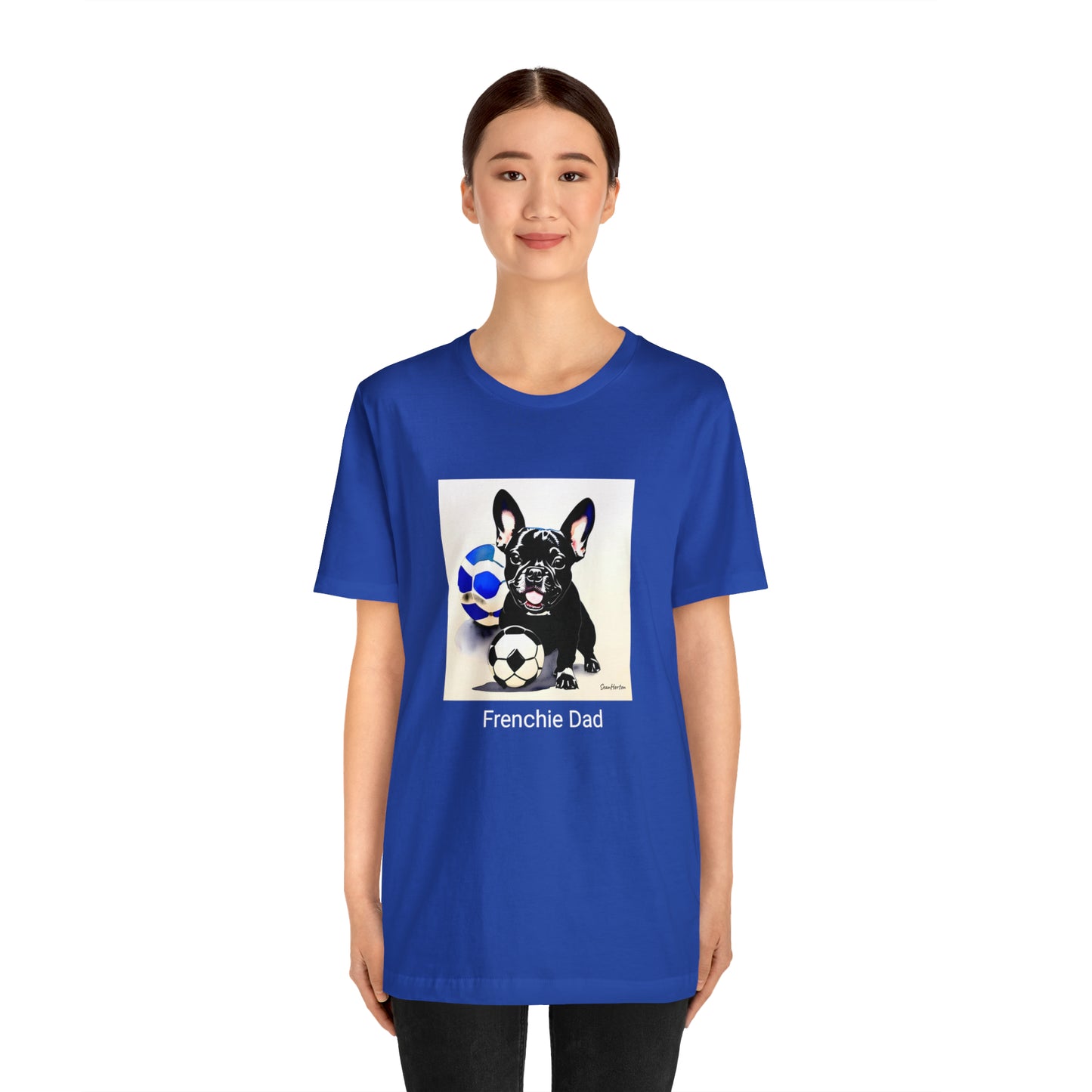Frenchie with Soccer Ball/Frenchie Dad Unisex Jersey Short Sleeve Tee