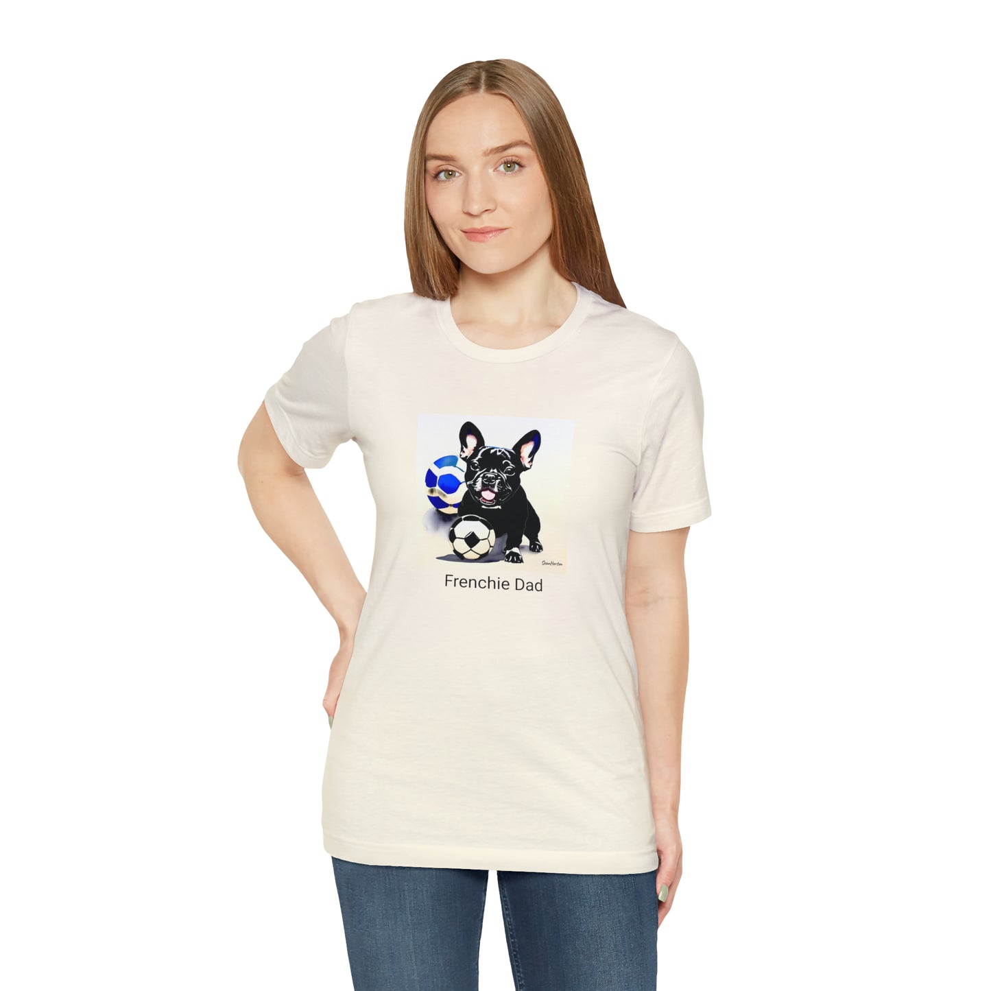 Frenchie with Soccer Ball/Frenchie Dad Unisex Jersey Short Sleeve Tee