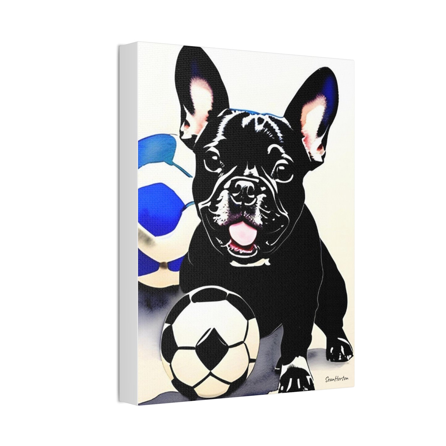 Frenchie with a Soccer Ball (Verticle) Canvas Stretched, 1.5''