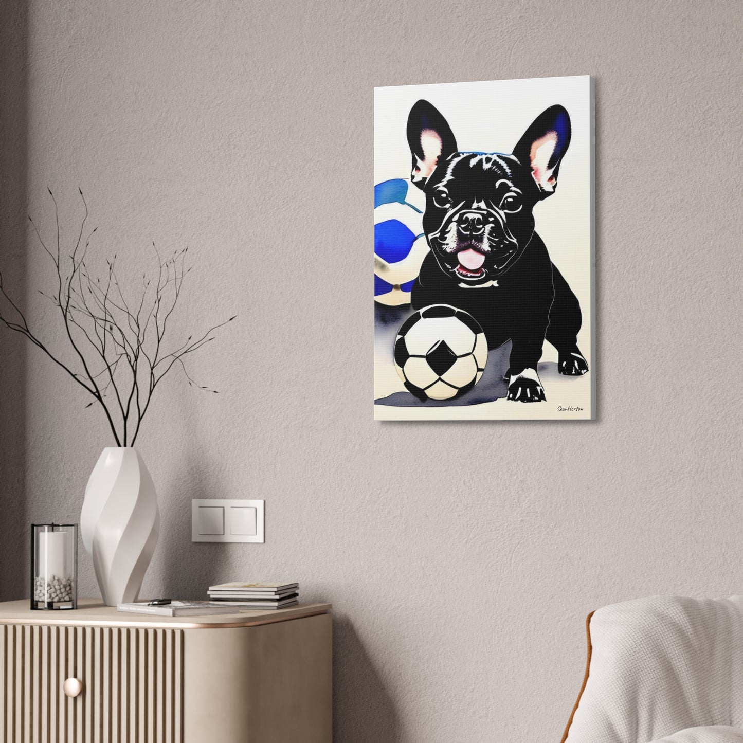 Frenchie with a Soccer Ball (Verticle) Canvas Stretched, 1.5''