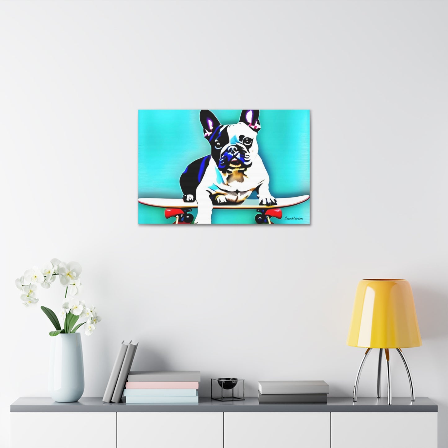 Frenchie on a Skateboard (Horizontal) Canvas Stretched, 1.5''