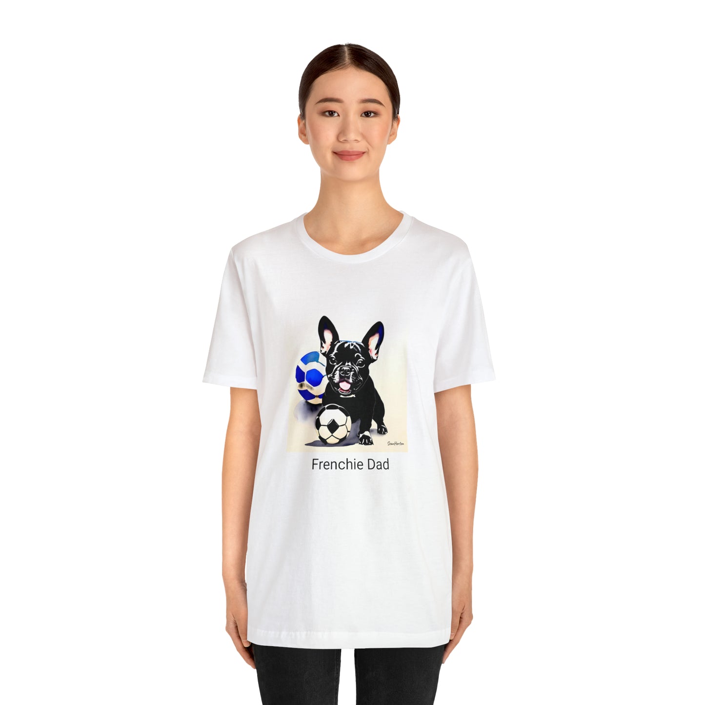 Frenchie with Soccer Ball/Frenchie Dad Unisex Jersey Short Sleeve Tee