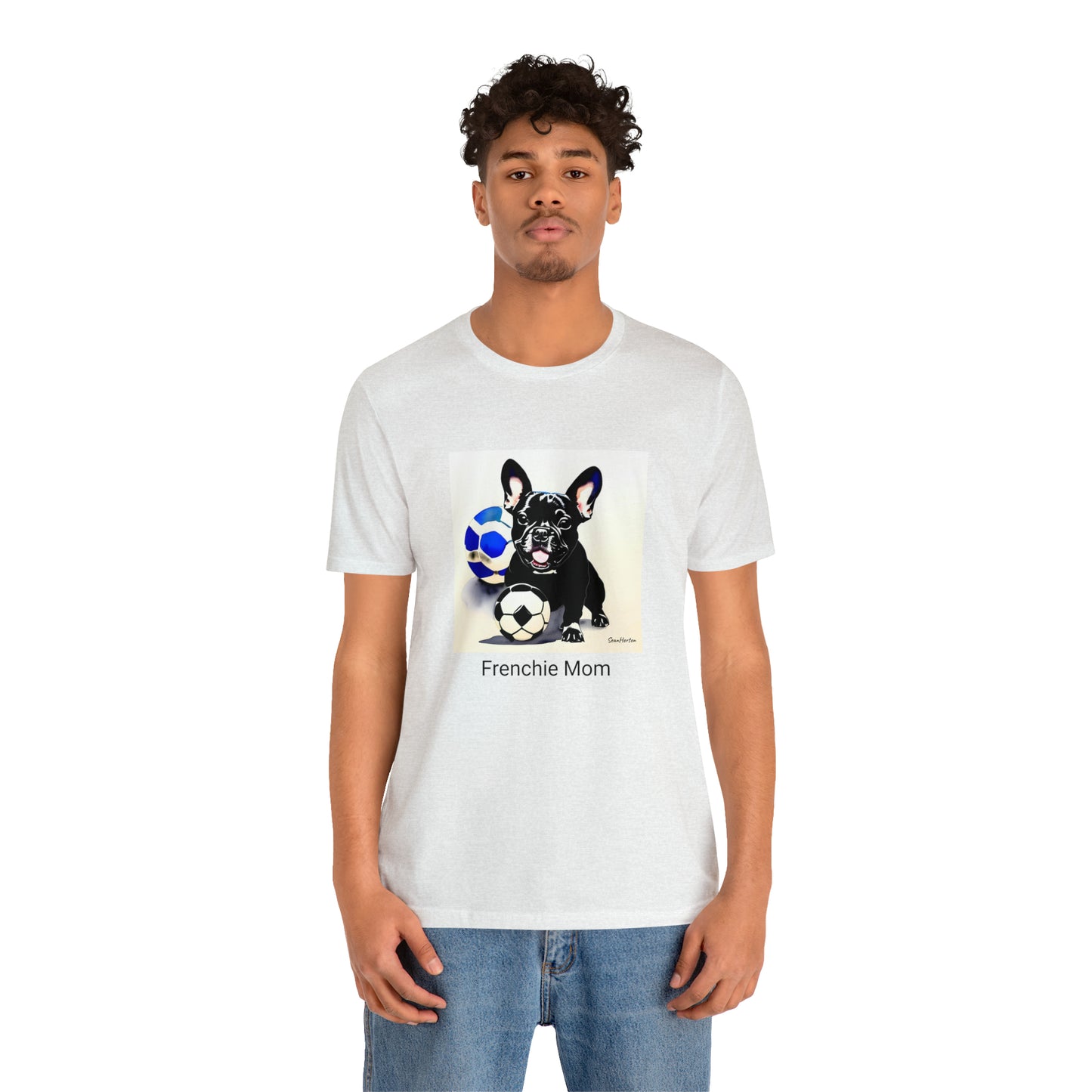 Frenchie with Soccer Ball/Frenchie Mom Unisex Jersey Short Sleeve Tee
