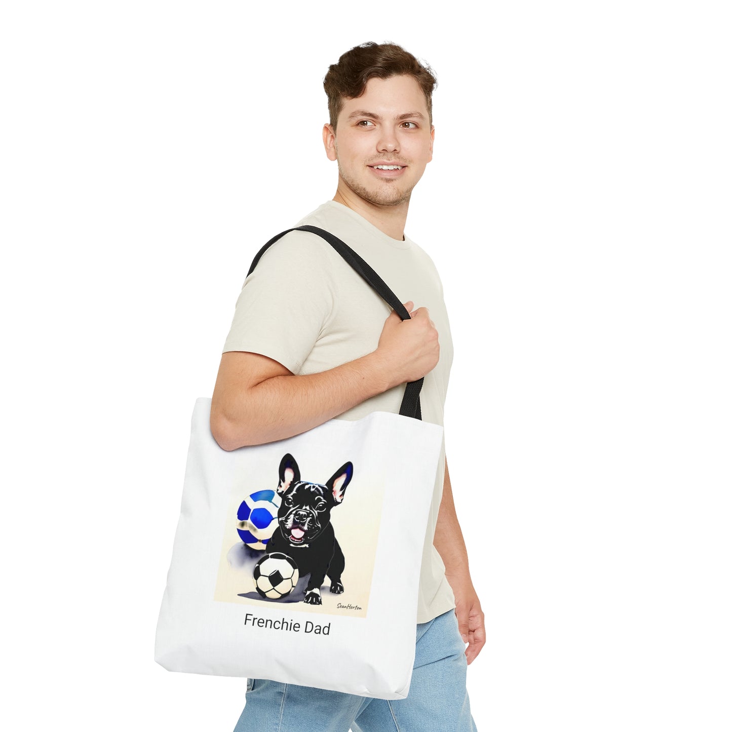Frenchie with a Soccer Ball/Frenchie Dad Tote Bag (AOP)