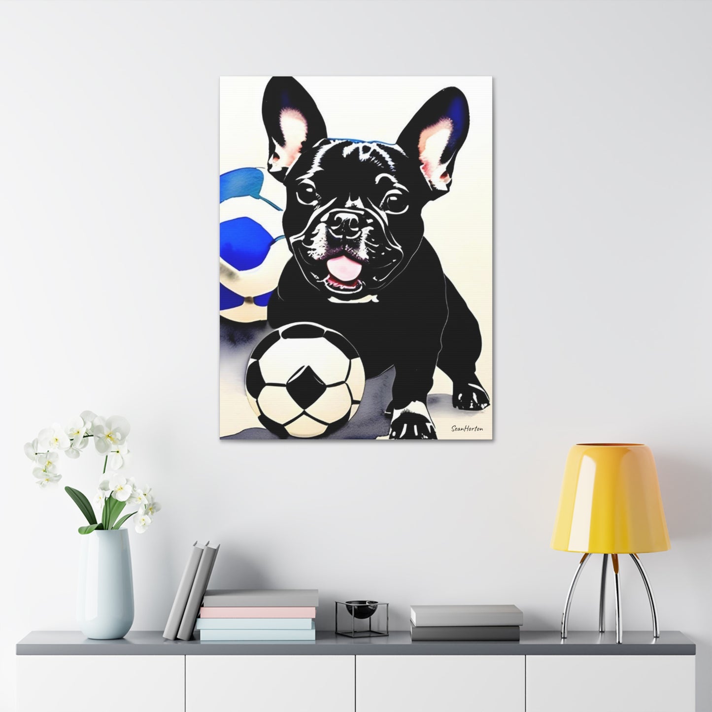Frenchie with a Soccer Ball (Verticle) Canvas Stretched, 1.5''