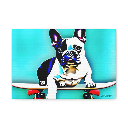 Frenchie on a Skateboard (Horizontal) Canvas Stretched, 1.5''