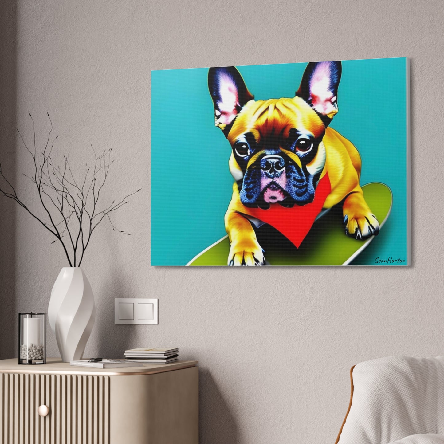Frenchie on a Skateboard #2 (Horizontal) Canvas Stretched, 1.5''