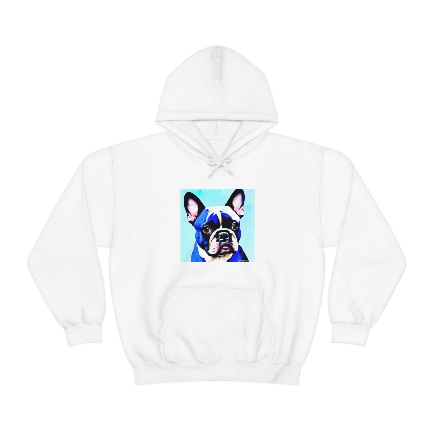 Blue Frenchie/Frenchie Mom on Back Unisex Heavy Blend™ Hooded Sweatshirt
